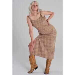 Milk It Bandit Purple Gold Gingham Plaid Ruffle Open Back Midi Dress